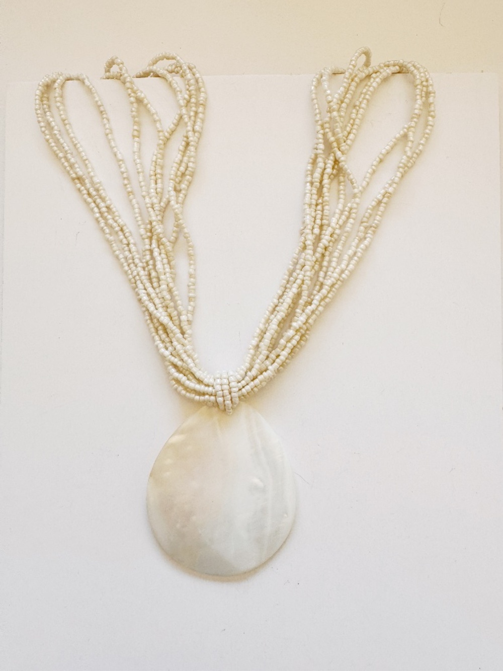 Multi Strand Beaded Necklace White Shell Pendant Boho Statement Layered